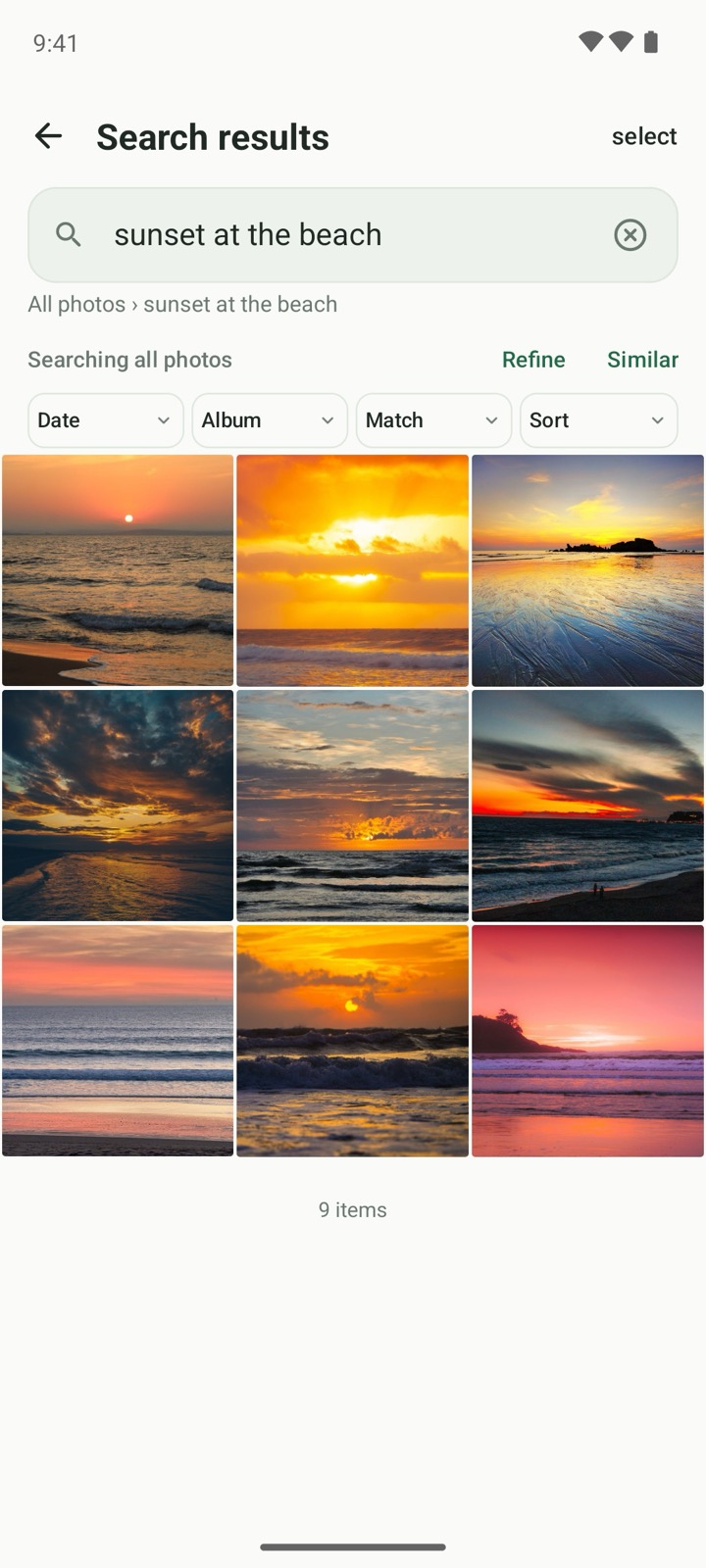 AI Gallery searching for a sunset at the beach and showing nine matching photos