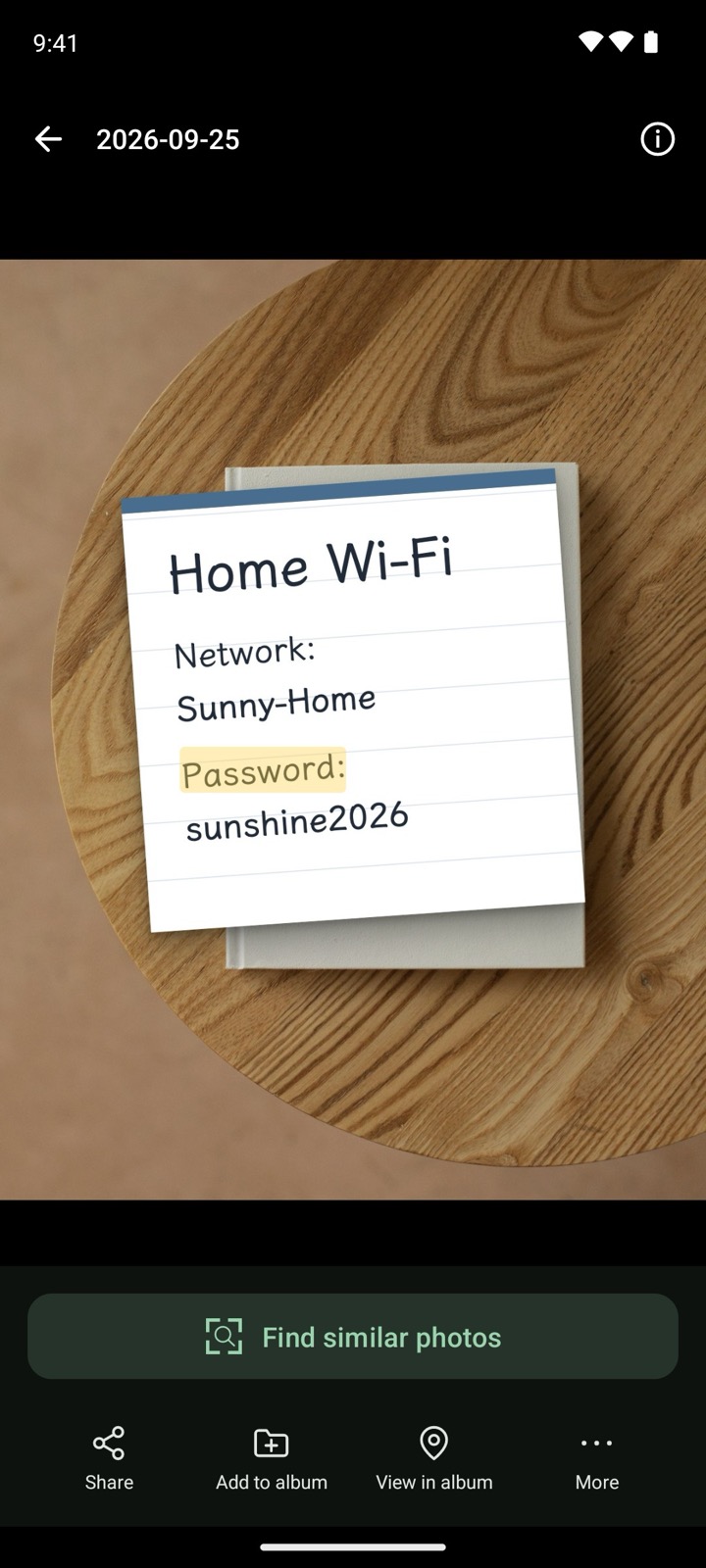 AI Gallery displaying a sample note with Wi-Fi text